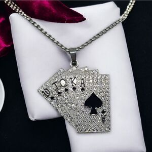 Black Spade Royal Flush Sparkly Crystal Playing Card Necklace Poker Casino Games